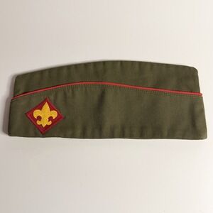 Vintage BSA Official Garrison Cap Hat 7 7/8 Large Olive Green Red Piping Scout